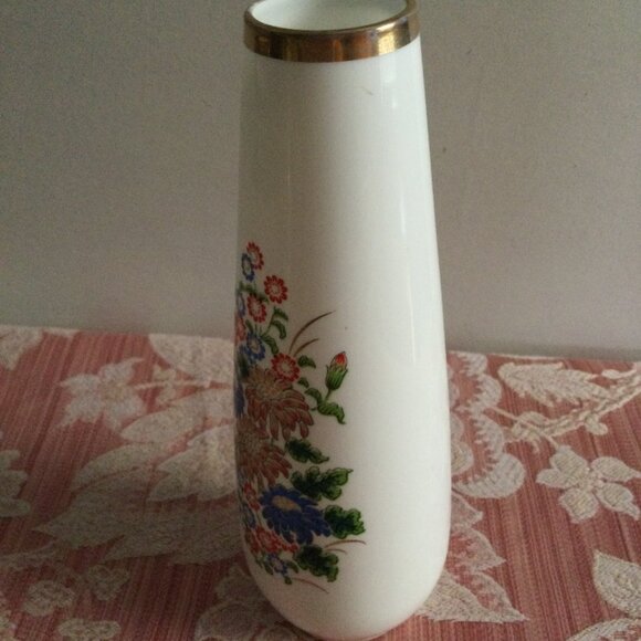 Hand painted vase 8" tall floral gold rim home indoor decor - Picture 3 of 6